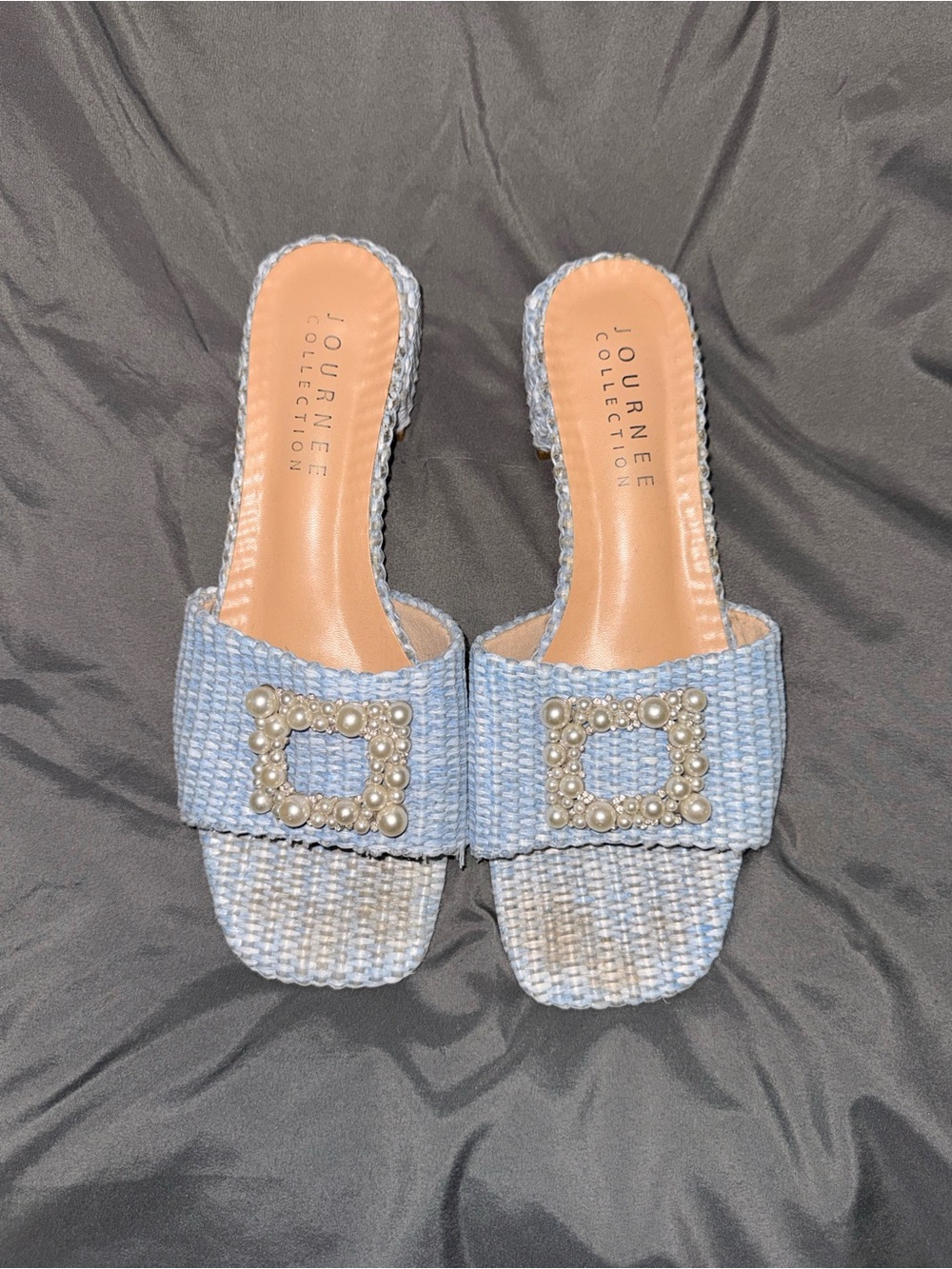 Journee Collection Light Blue Pearl Buckle Woven Slide Mules